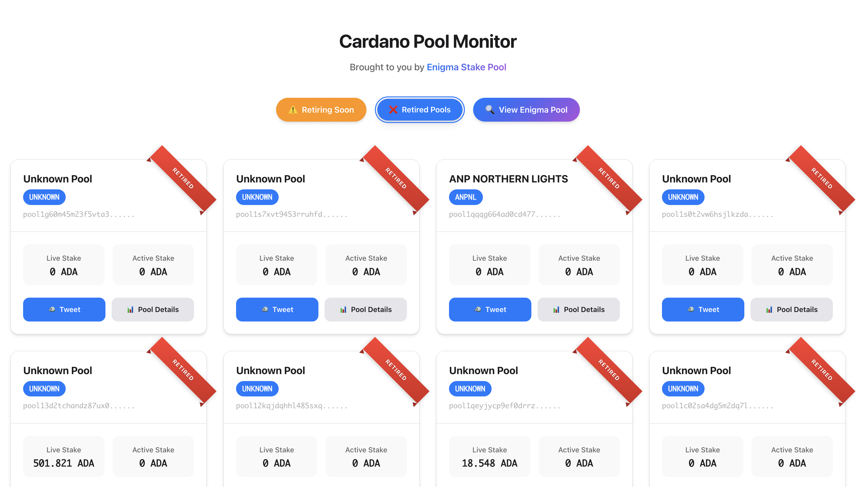 Retiring Pools Insight - Cardano pool retirement tracker preview
